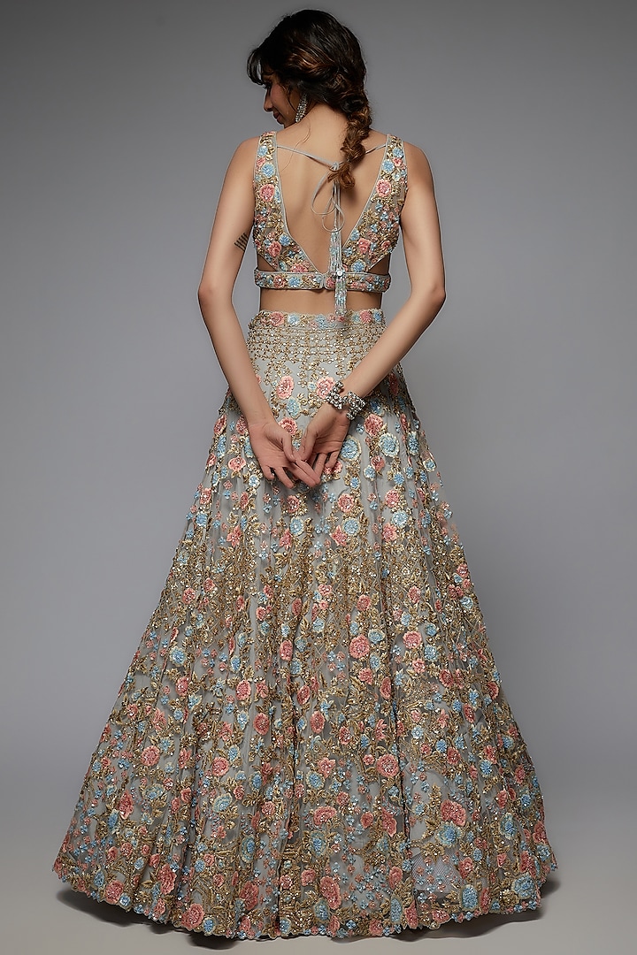 Pastel Blue Organza Embellished Bridal Lehenga Set by Pallavi Poddar (India) at Pernia's Pop Up Shop
