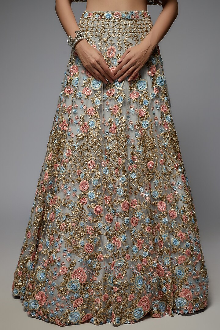 Pastel Blue Organza Embellished Bridal Lehenga Set by Pallavi Poddar (India) at Pernia's Pop Up Shop