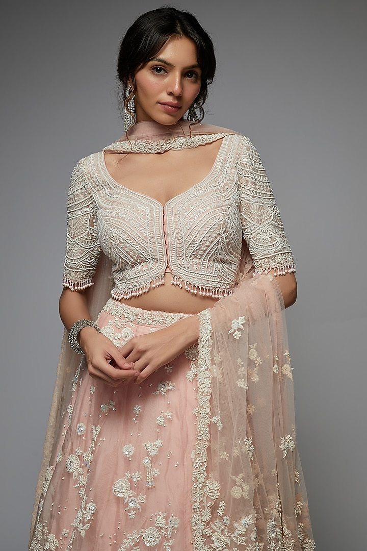 Pink Organza Embellished Bridal Lehenga Set by Pallavi Poddar (India) at Pernia's Pop Up Shop