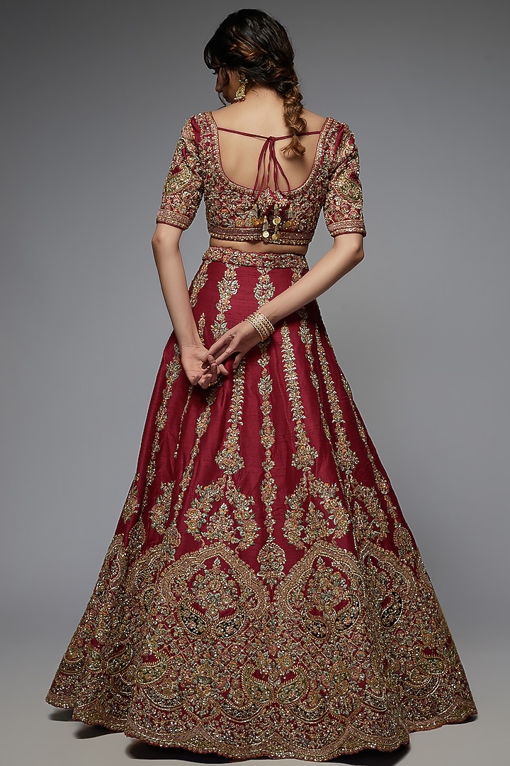 Red Pure Raw Silk Embroidered Bridal Lehenga Set by Pallavi Poddar (India) at Pernia's Pop Up Shop