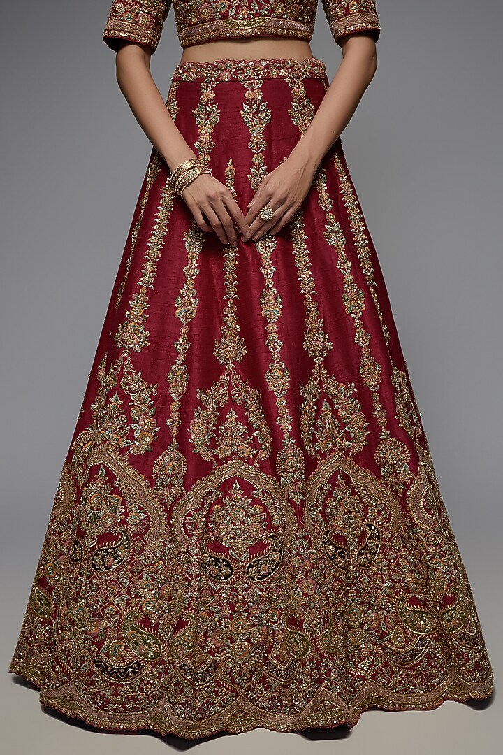 Red Pure Raw Silk Embroidered Bridal Lehenga Set by Pallavi Poddar (India) at Pernia's Pop Up Shop