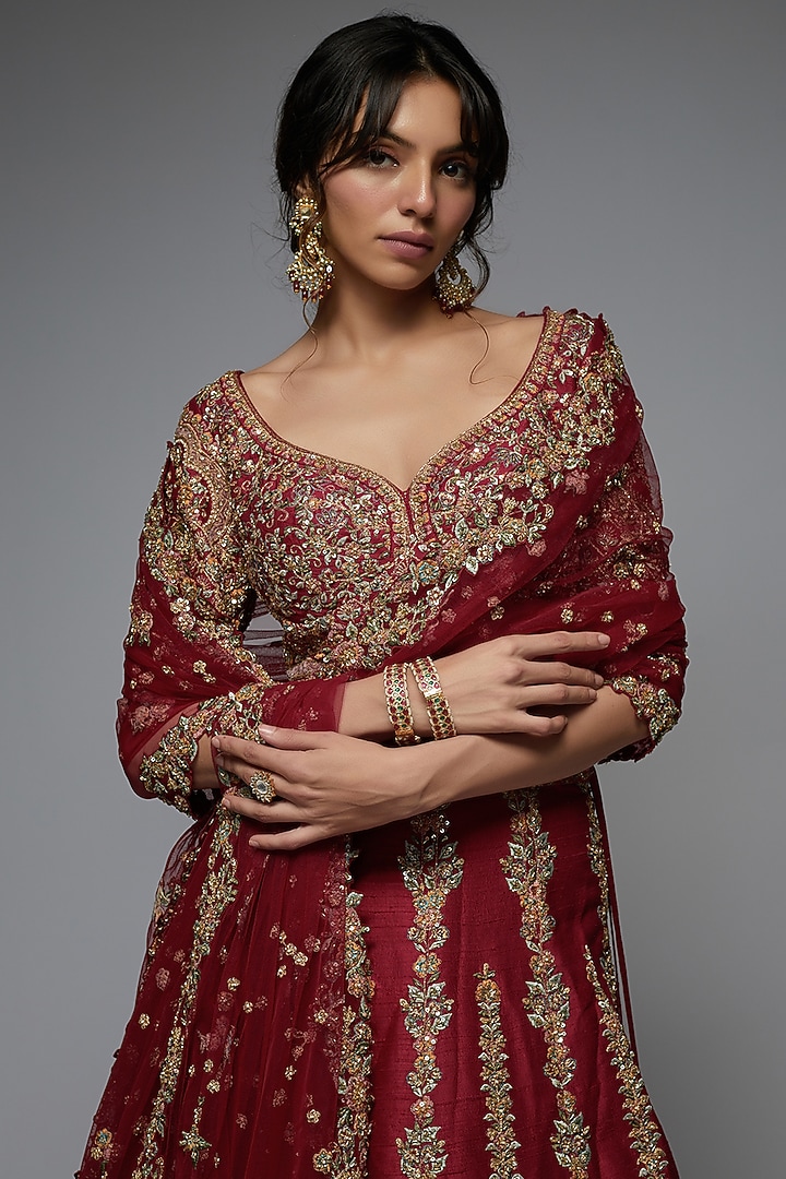 Red Pure Raw Silk Embroidered Bridal Lehenga Set by Pallavi Poddar (India) at Pernia's Pop Up Shop