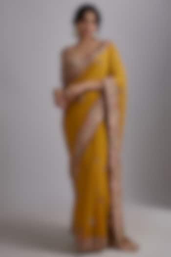 Mustard Tissue Embroidered Draped Saree Set by Pallavi Poddar (India)