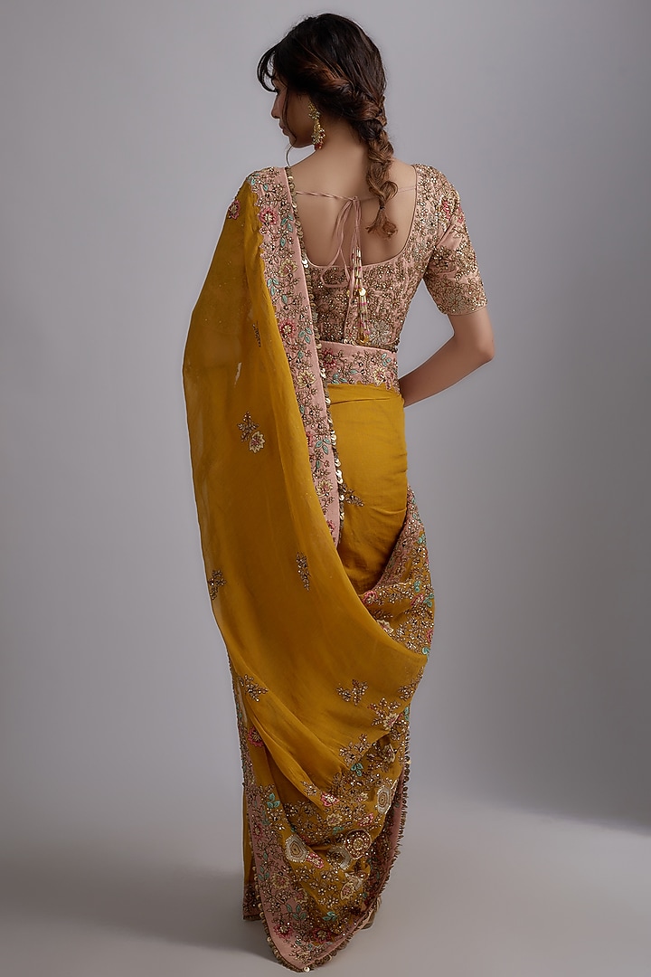Mustard Tissue Embroidered Draped Reception Saree Set by Pallavi Poddar (India) at Pernia's Pop Up Shop