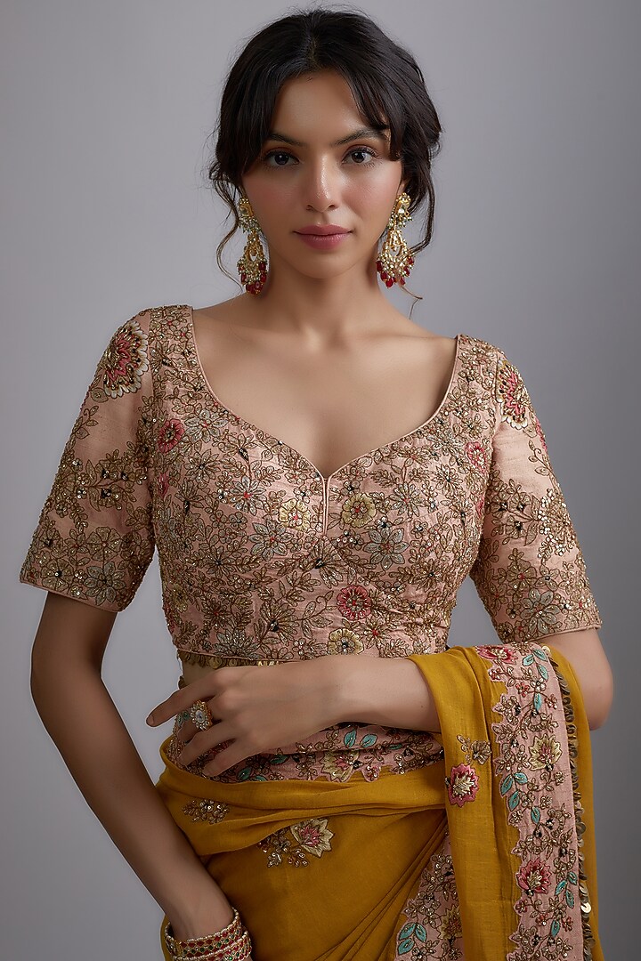 Mustard Tissue Embroidered Draped Reception Saree Set by Pallavi Poddar (India) at Pernia's Pop Up Shop
