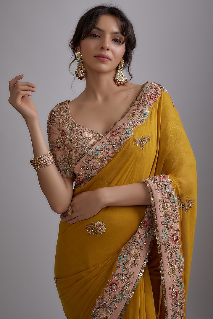 Mustard Tissue Embroidered Draped Reception Saree Set by Pallavi Poddar (India) at Pernia's Pop Up Shop