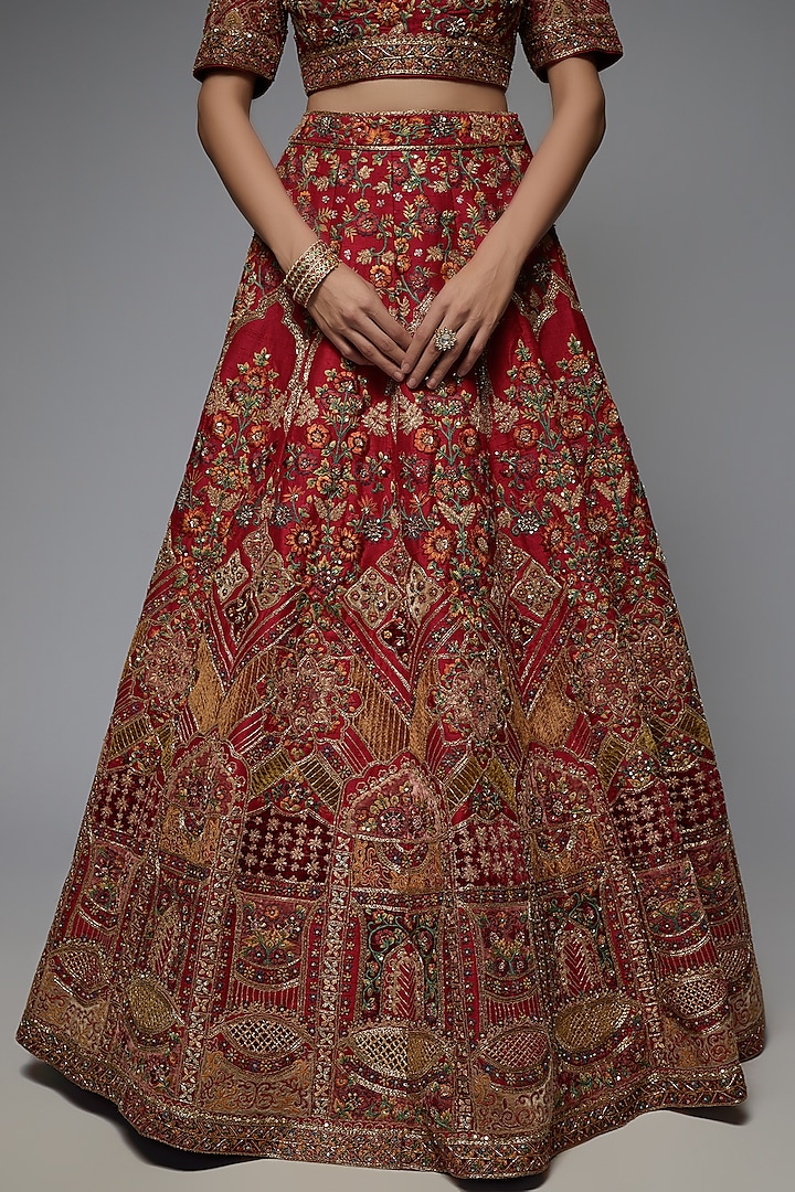 Red Pure Raw Silk Embroidered Bridal Lehenga Set by Pallavi Poddar (India) at Pernia's Pop Up Shop