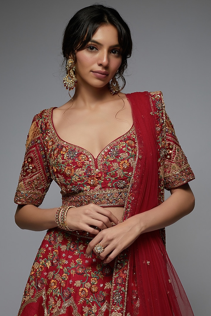 Red Pure Raw Silk Embroidered Bridal Lehenga Set by Pallavi Poddar (India) at Pernia's Pop Up Shop