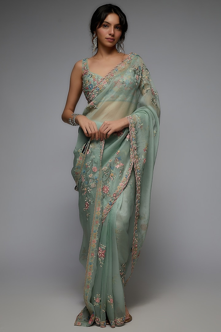 Mint Organza Hand Embroidered Saree Set by Pallavi Poddar (India) at Pernia's Pop Up Shop