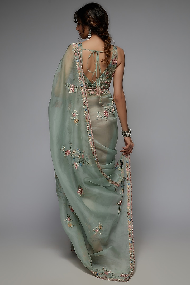 Mint Organza Hand Embroidered Reception Saree Set by Pallavi Poddar (India) at Pernia's Pop Up Shop