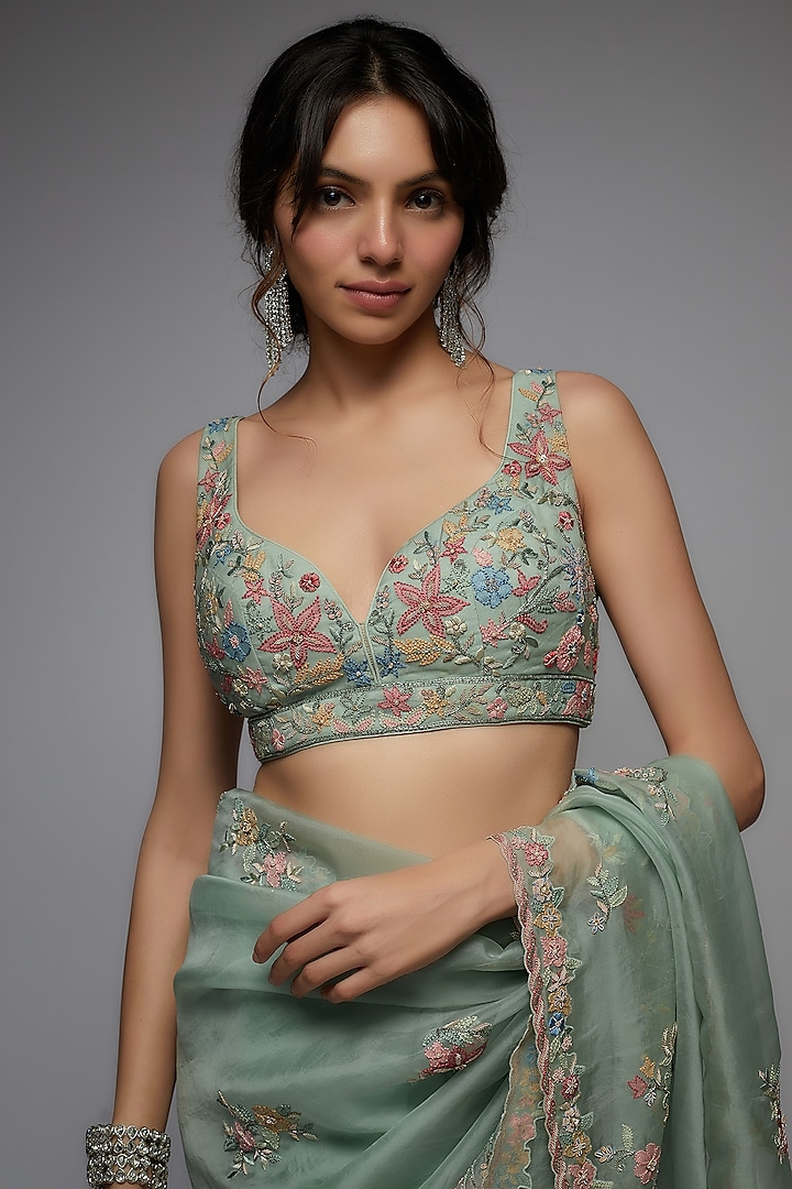 Mint Organza Hand Embroidered Reception Saree Set by Pallavi Poddar (India) at Pernia's Pop Up Shop