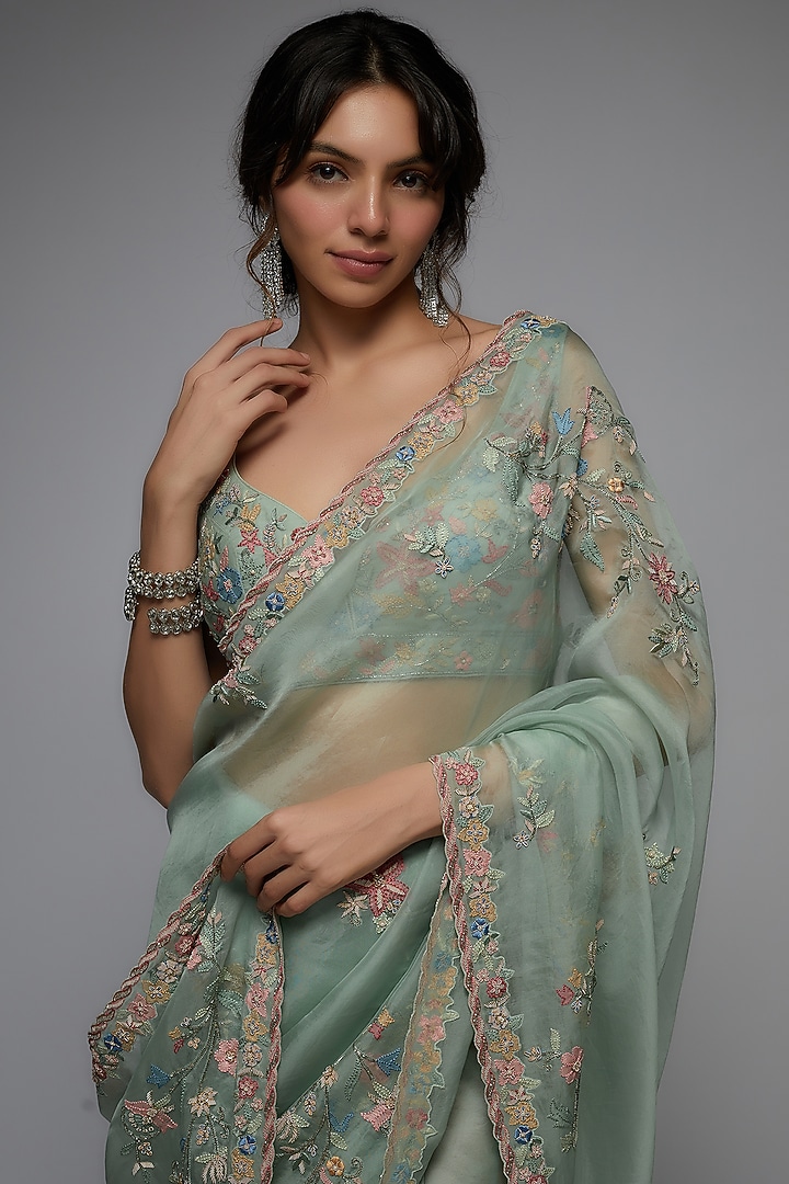 Mint Organza Hand Embroidered Reception Saree Set by Pallavi Poddar (India) at Pernia's Pop Up Shop