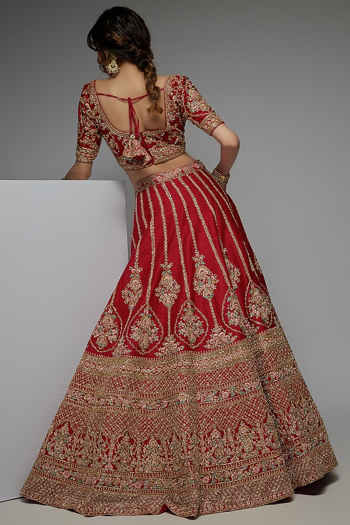 Red Pure Raw Silk Embroidered Bridal Lehenga Set by Pallavi Poddar (India) at Pernia's Pop Up Shop
