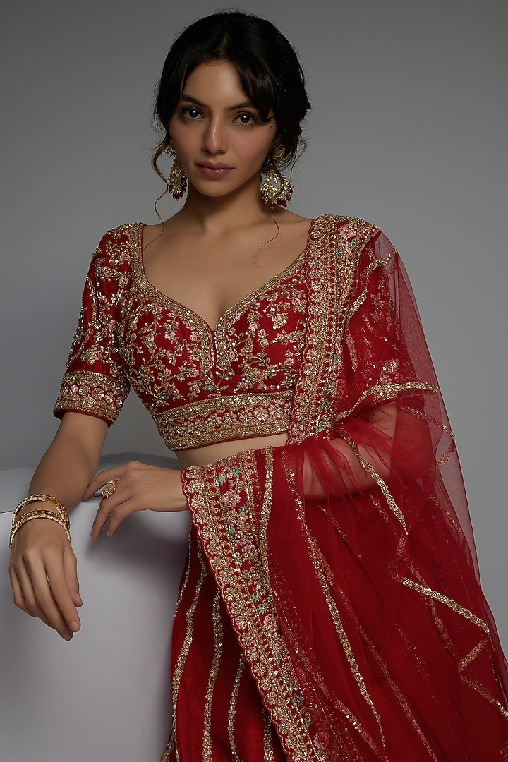 Red Pure Raw Silk Embroidered Bridal Lehenga Set by Pallavi Poddar (India) at Pernia's Pop Up Shop