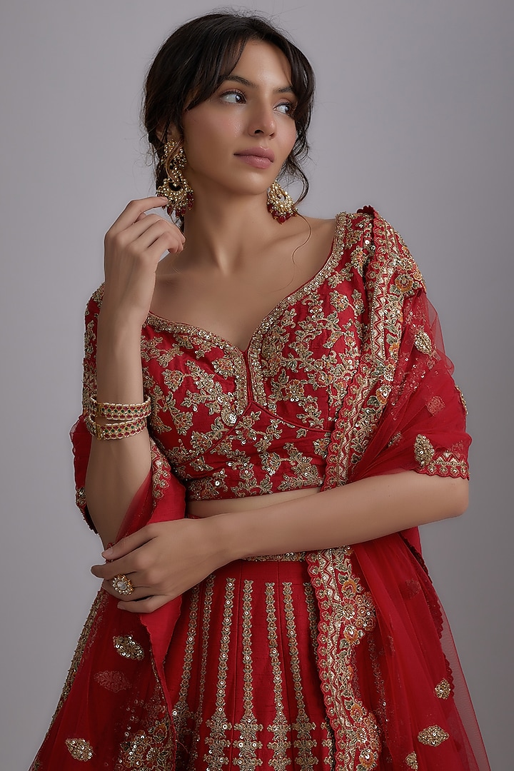 Red Pure Raw Silk Embroidered Bridal Lehenga Set by Pallavi Poddar (India) at Pernia's Pop Up Shop