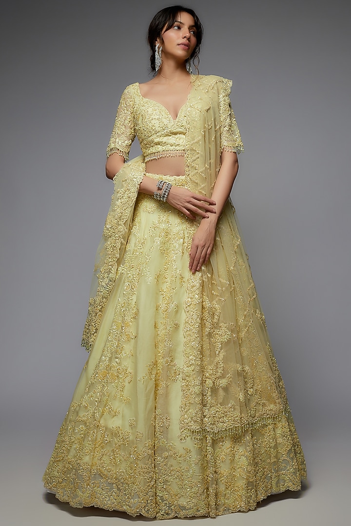 Yellow Organza Embroidered Wedding Lehenga Set by Pallavi Poddar (India) at Pernia's Pop Up Shop