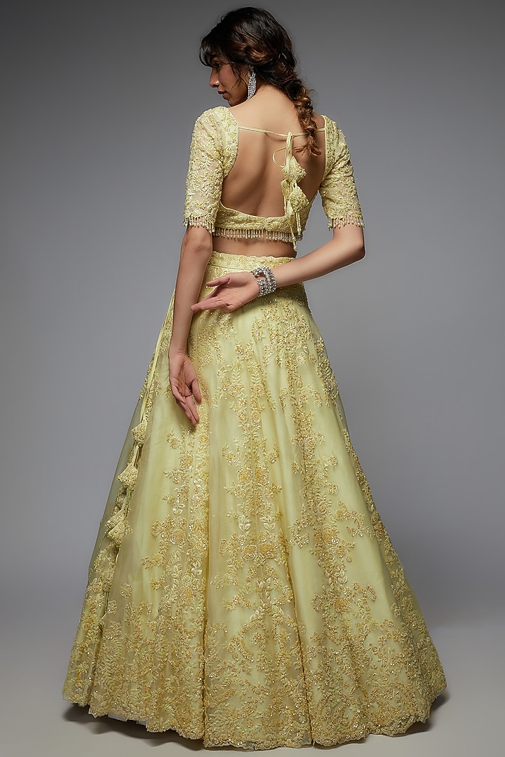 Yellow Organza Embroidered Wedding Lehenga Set by Pallavi Poddar (India) at Pernia's Pop Up Shop