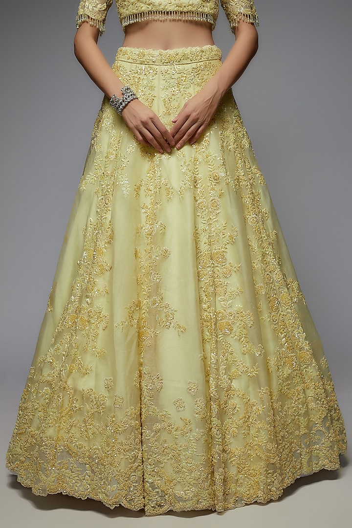 Yellow Organza Embroidered Wedding Lehenga Set by Pallavi Poddar (India) at Pernia's Pop Up Shop