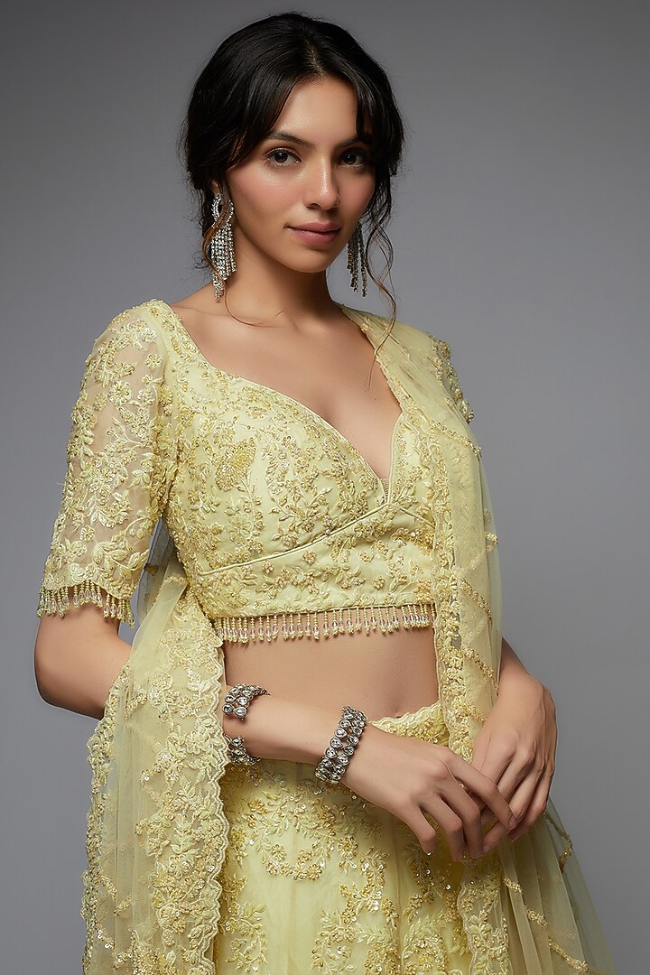 Yellow Organza Embroidered Wedding Lehenga Set by Pallavi Poddar (India) at Pernia's Pop Up Shop