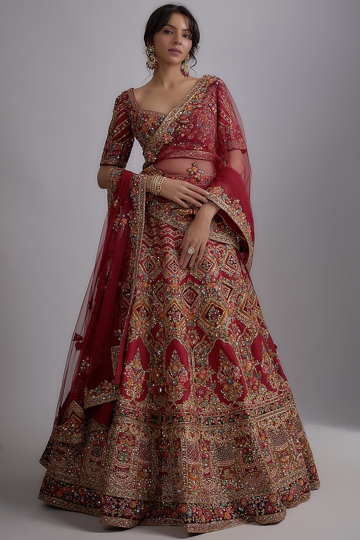 Red Pure Raw Silk Embellished Lehenga Set by Pallavi Poddar (India)