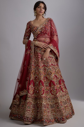 Red Pure Raw Silk Embellished Lehenga Set by Pallavi Poddar (India)