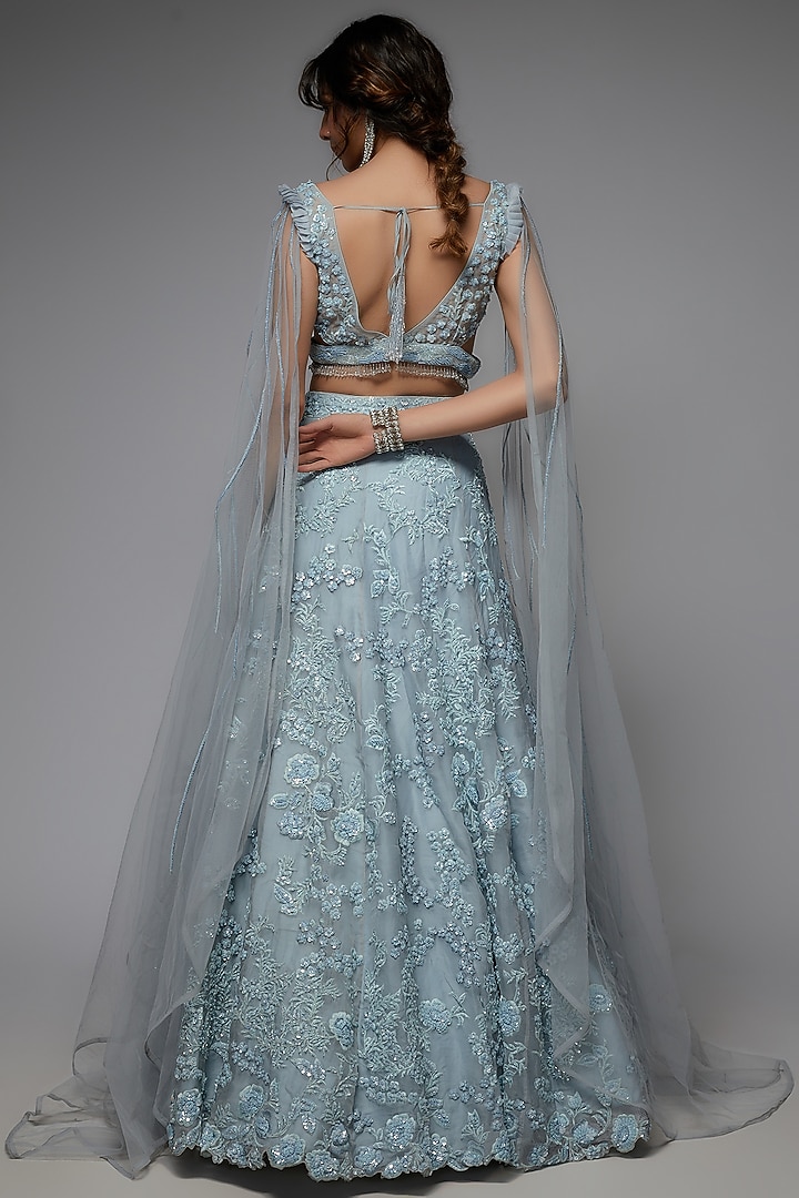 Aqua Blue Organza Embellished Bridal Lehenga Set by Pallavi Poddar (India) at Pernia's Pop Up Shop
