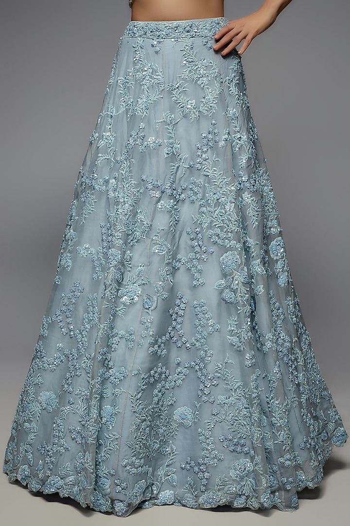 Aqua Blue Organza Embellished Bridal Lehenga Set by Pallavi Poddar (India) at Pernia's Pop Up Shop