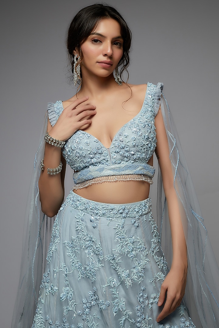 Aqua Blue Organza Embellished Bridal Lehenga Set by Pallavi Poddar (India) at Pernia's Pop Up Shop