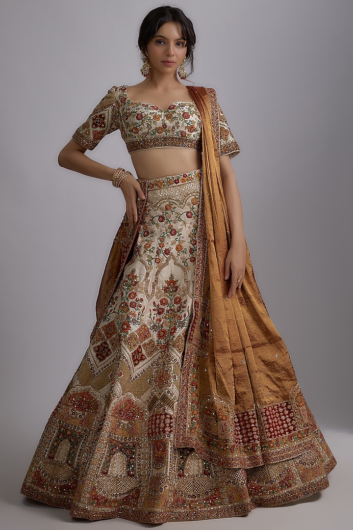 Ivory Pure Raw Silk Embroidered Lehenga Set by Pallavi Poddar (India)