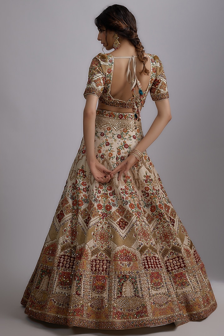 Ivory Pure Raw Silk Embroidered Bridal Lehenga Set by Pallavi Poddar (India) at Pernia's Pop Up Shop