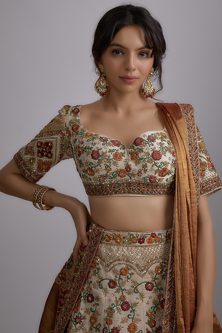 Ivory Pure Raw Silk Embroidered Bridal Lehenga Set by Pallavi Poddar (India) at Pernia's Pop Up Shop