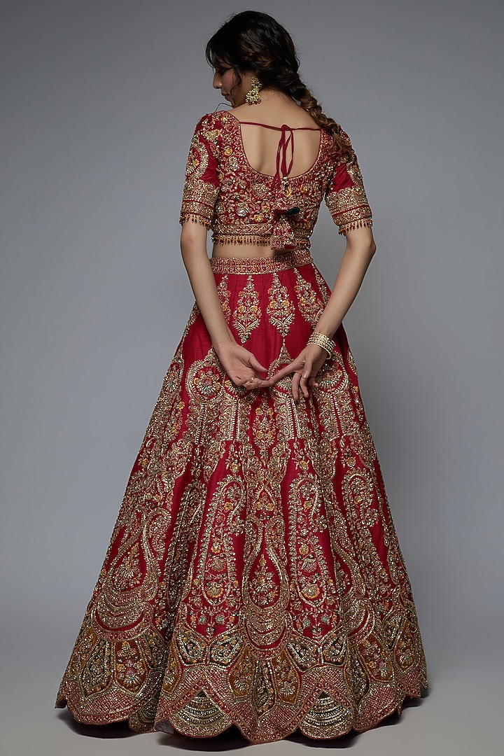 Red Pure Raw Silk Embroidered Bridal Lehenga Set by Pallavi Poddar (India) at Pernia's Pop Up Shop