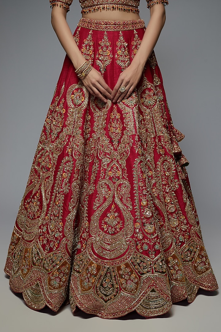 Red Pure Raw Silk Embroidered Bridal Lehenga Set by Pallavi Poddar (India) at Pernia's Pop Up Shop