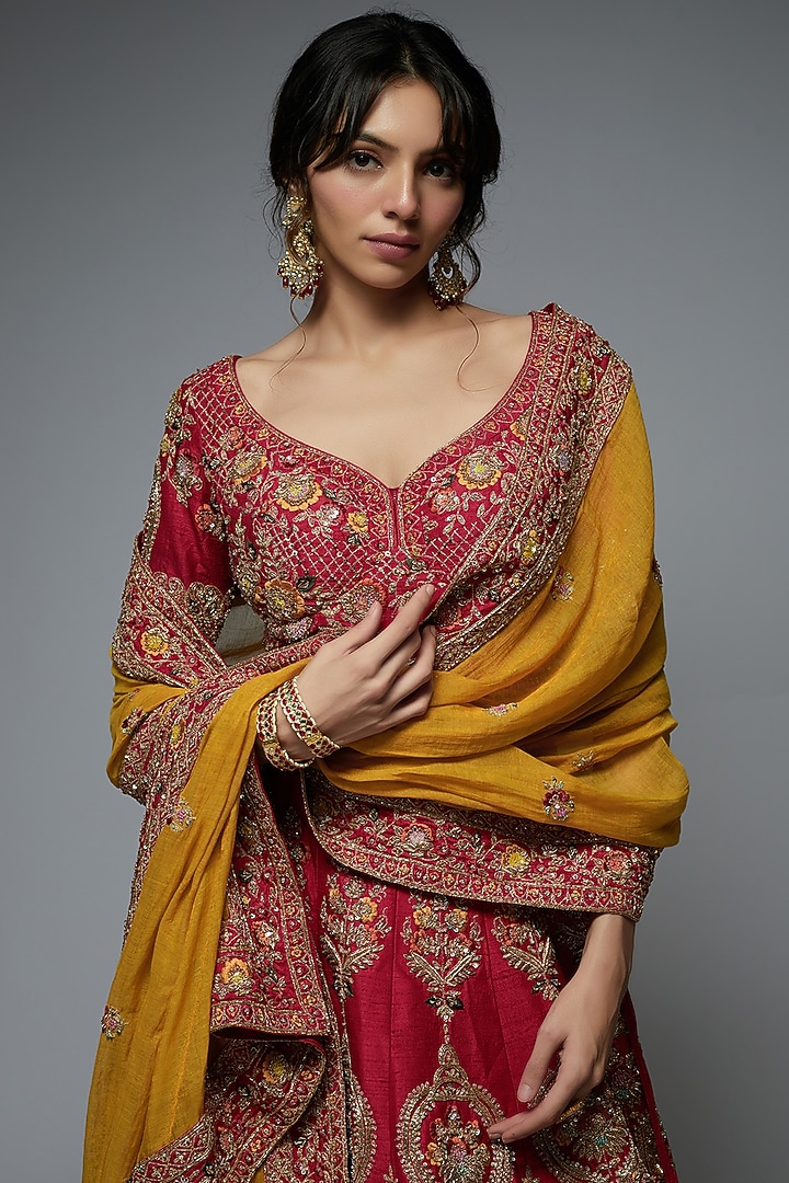 Red Pure Raw Silk Embroidered Bridal Lehenga Set by Pallavi Poddar (India) at Pernia's Pop Up Shop
