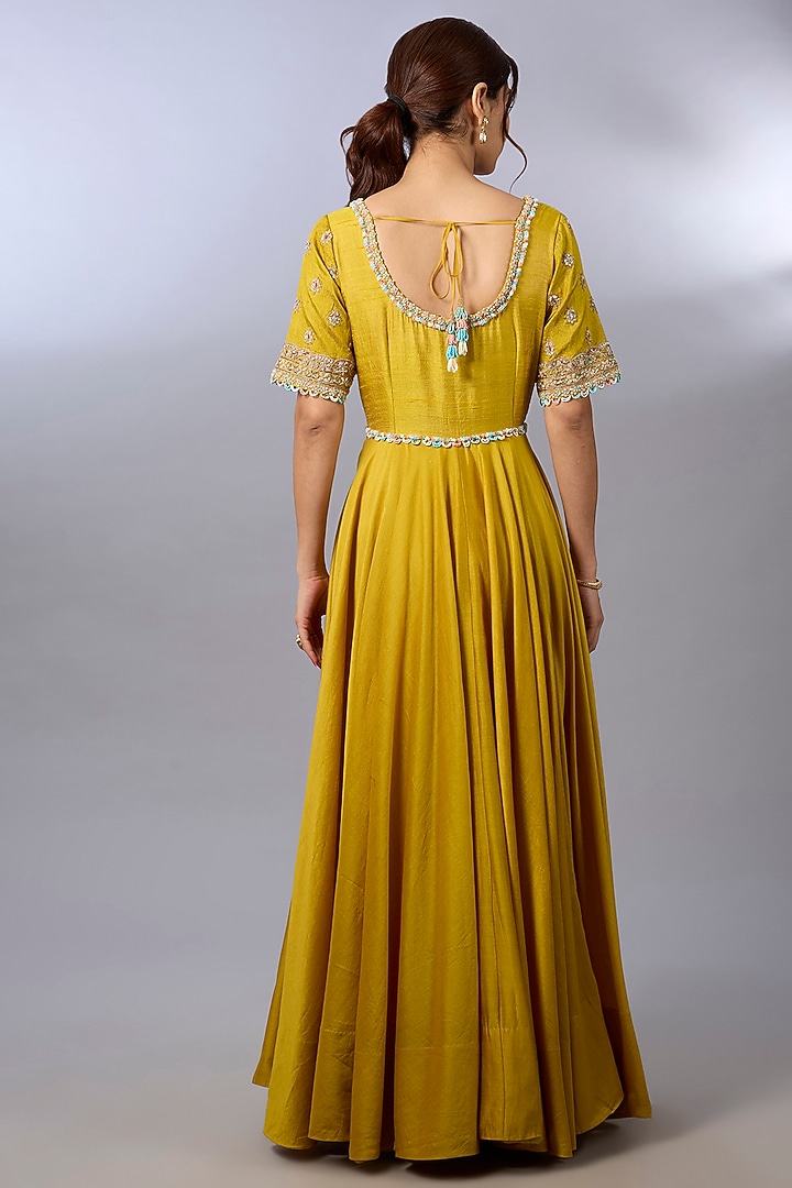 Yellow Chanderi & Dupion Zardosi Hand Embroidered Wedding Anarkali Set by Pallavi Poddar (India) at Pernia's Pop Up Shop