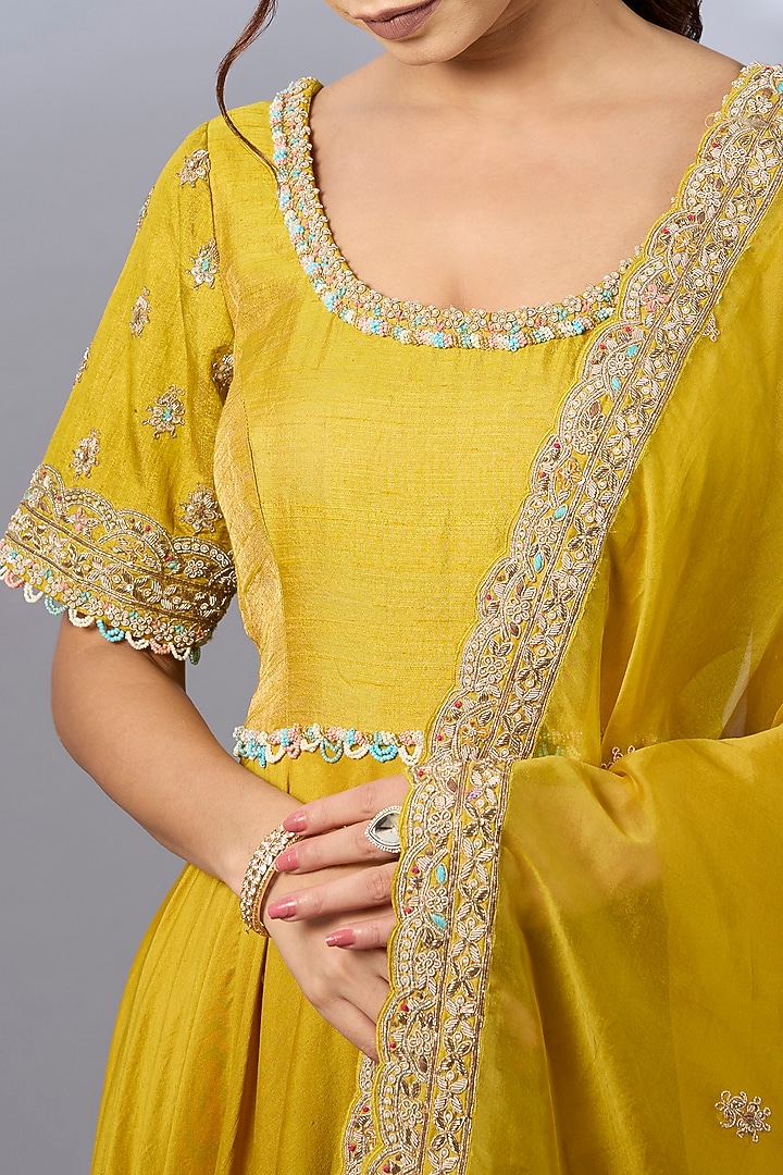 Yellow Chanderi & Dupion Zardosi Hand Embroidered Wedding Anarkali Set by Pallavi Poddar (India) at Pernia's Pop Up Shop
