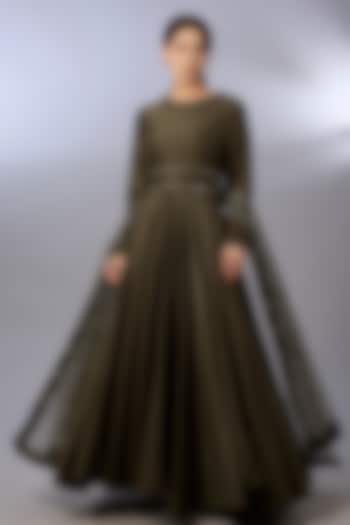 Olive Green Chanderi Embroidered Wedding Anarkali Set by Pallavi Poddar (India) at Pernia's Pop Up Shop