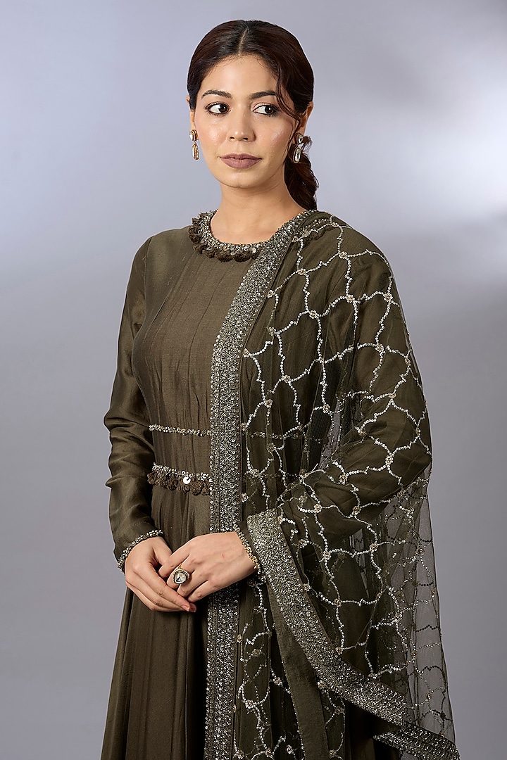 Olive Green Chanderi Embroidered Wedding Anarkali Set by Pallavi Poddar (India) at Pernia's Pop Up Shop