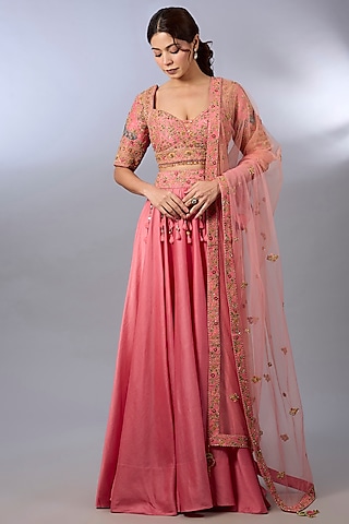 Peach Chanderi Lehenga Set by Pallavi Poddar (India)