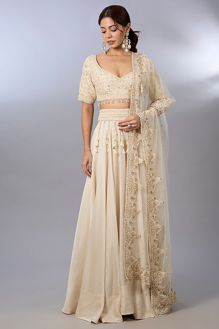 Ivory Chanderi Wedding Lehenga Set by Pallavi Poddar (India) at Pernia's Pop Up Shop