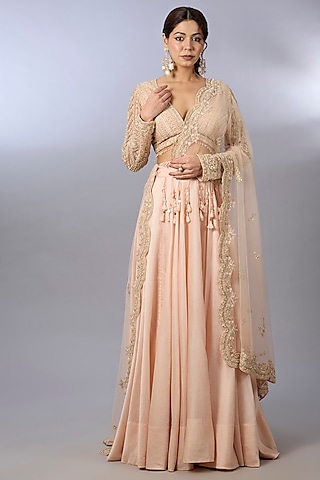 Light Peach Chanderi Lehenga Set by Pallavi Poddar (India)