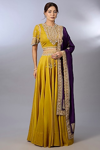 Mustard Yellow Chanderi Lehenga Set by Pallavi Poddar (India)
