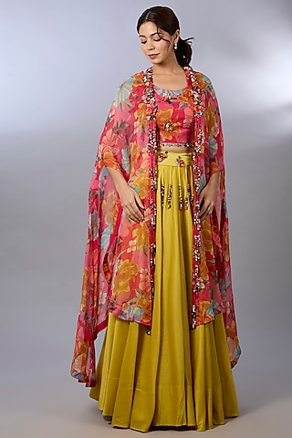 Yellow Organza Printed Cape Set by Pallavi Poddar (India)