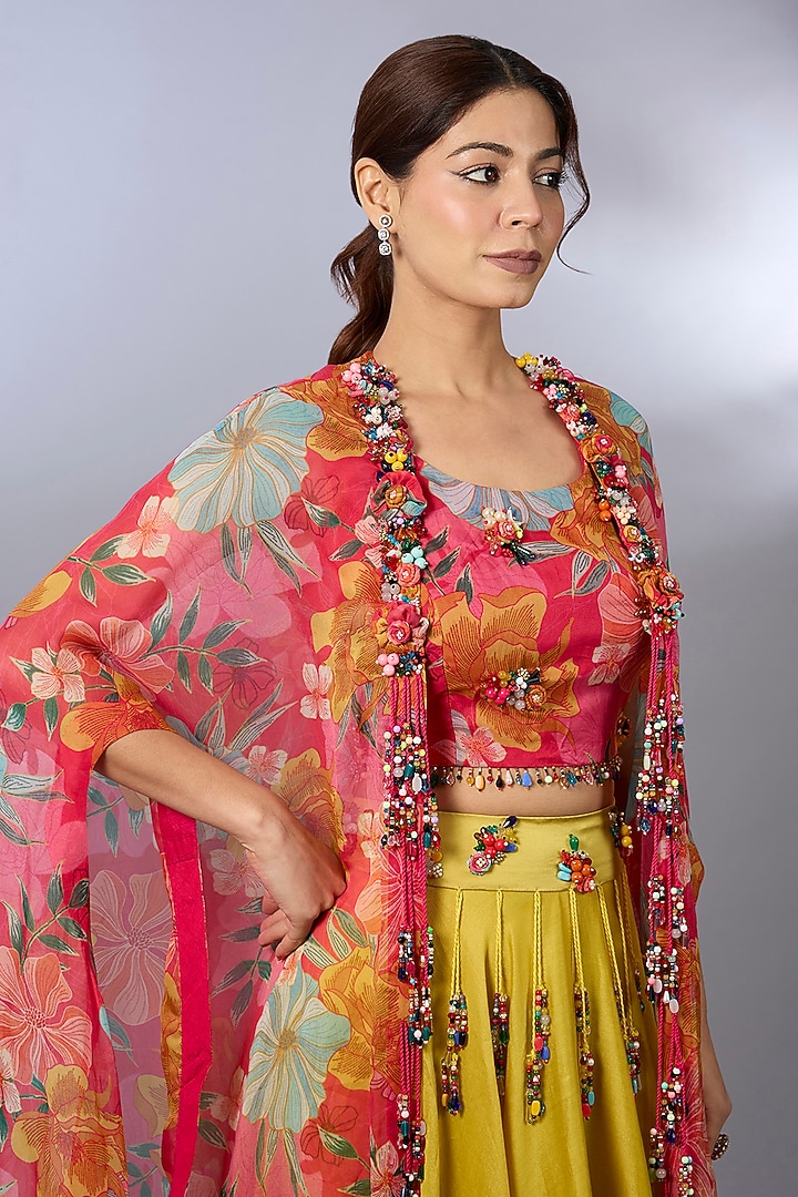 Yellow Organza Printed Cape Set by Pallavi Poddar (India) at Pernia's Pop Up Shop