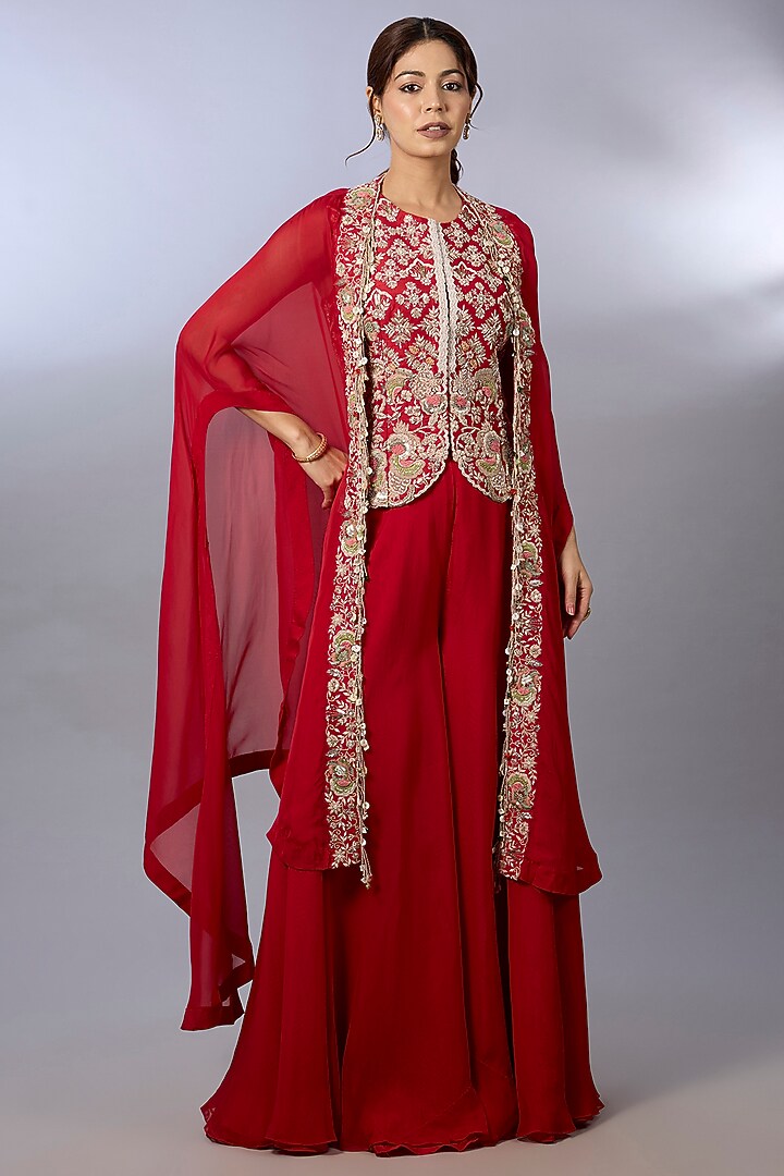 Red Organza Embroidered Cape Set by Pallavi Poddar (India) at Pernia's Pop Up Shop