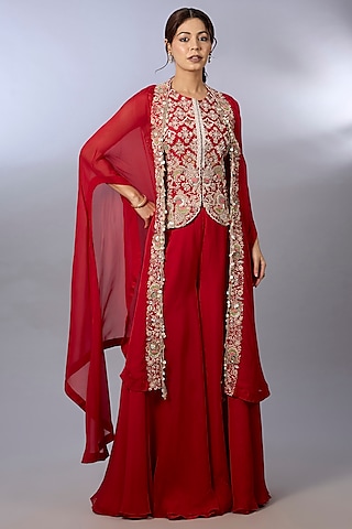Red Organza Embroidered Cape Set by Pallavi Poddar (India)