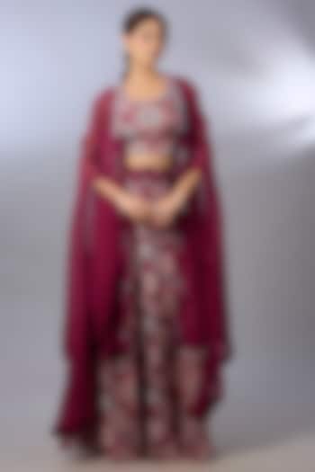 Wine Organza Printed Cape Set by Pallavi Poddar (India) at Pernia's Pop Up Shop