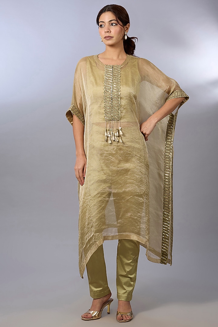 Gold Tissue Zardosi Embroidered Kaftan Set by Pallavi Poddar (India) at Pernia's Pop Up Shop