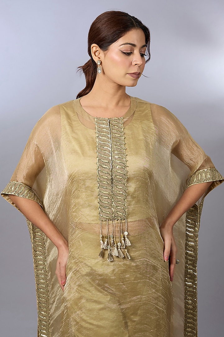 Gold Tissue Zardosi Embroidered Kaftan Set by Pallavi Poddar (India) at Pernia's Pop Up Shop