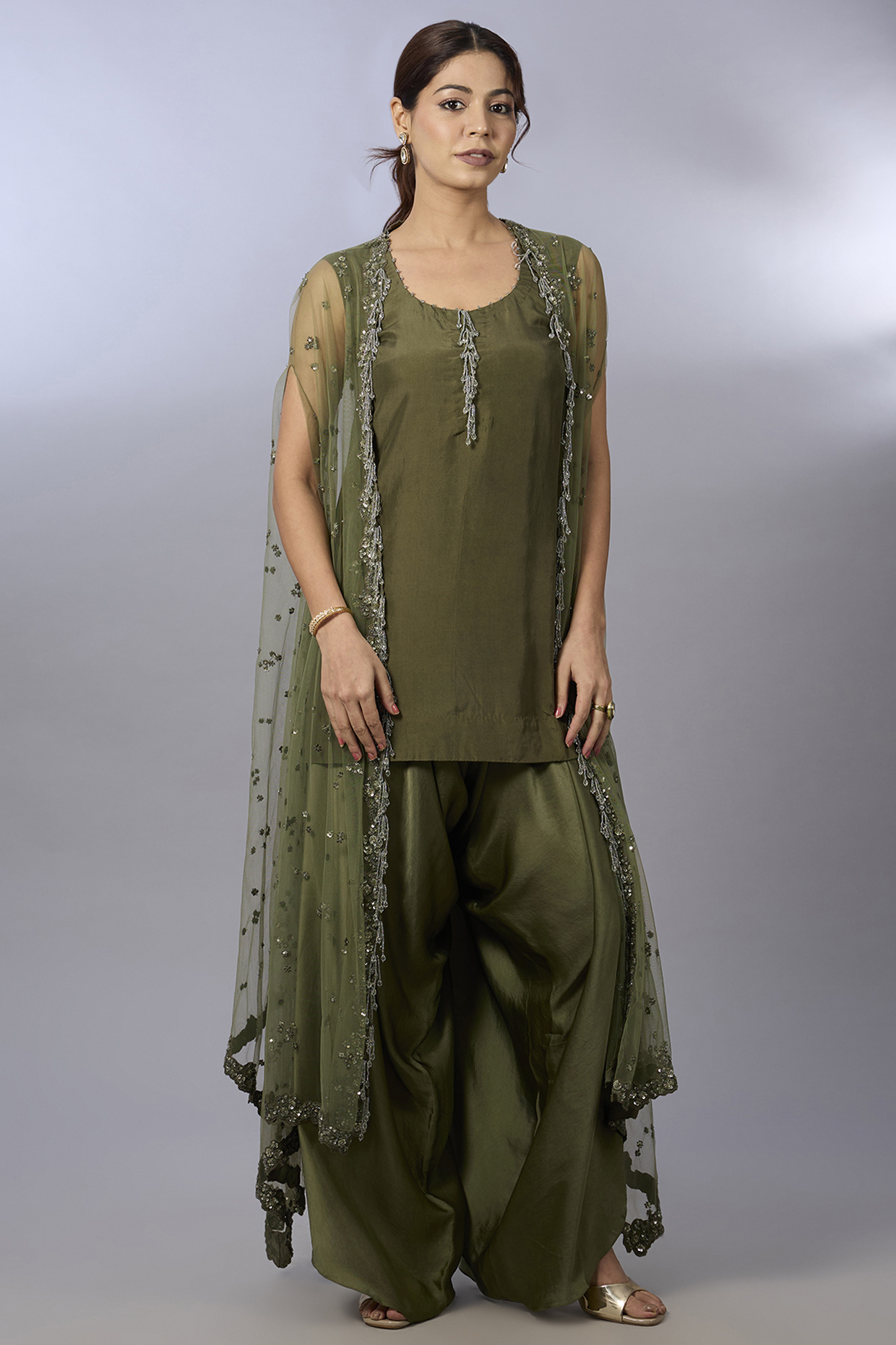 Olive Green Dupion & Net Cape Set by Pallavi Poddar (India) at Pernia's Pop Up Shop